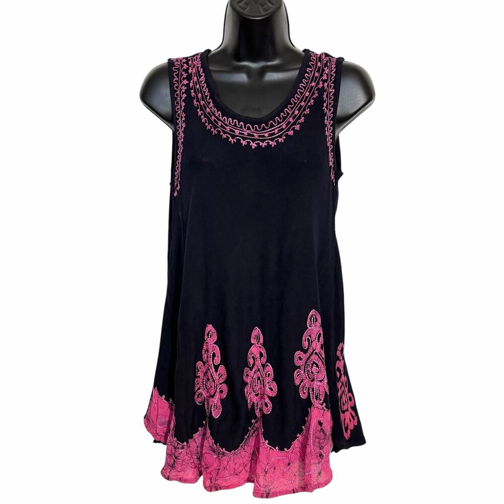 Vtg Y2K India Boutique Embroidered Batik Tunic Top Free Size Boho Gypsy Pink